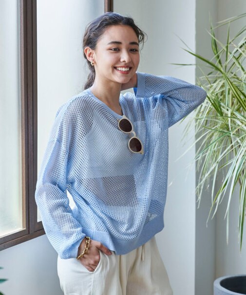 カラー メッシュプルオーバー/ ラメ メッシュトップス/シアートップス