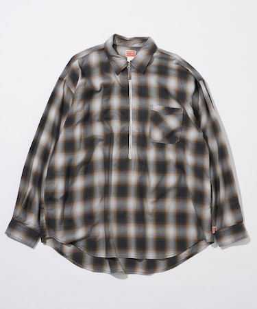 ハーフジップ オンブレチェック シャツ L/S