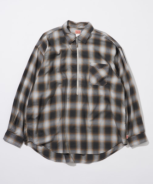 ハーフジップ オンブレチェック シャツ L/S