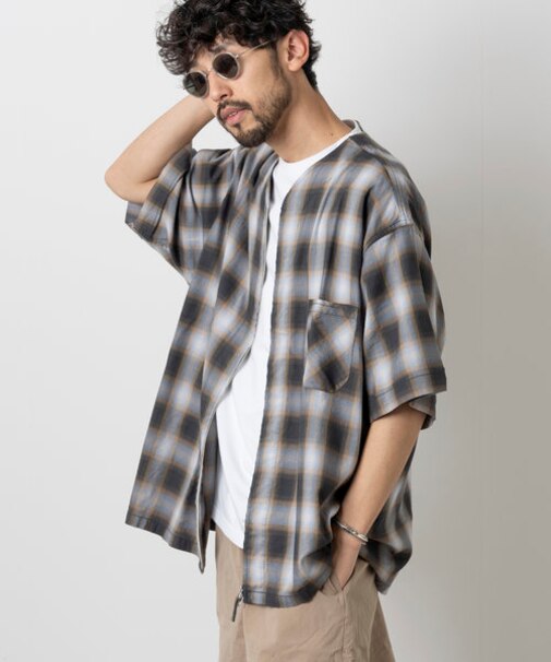 フルジップカーデ ショートスリーブシャツ/オンブレチェック/半袖