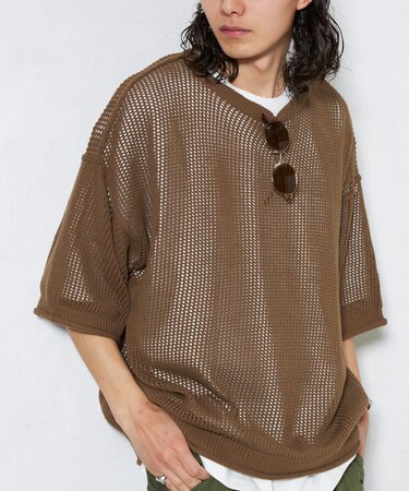 リラックスフィット メッシュ クルーネック ショートスリーブ ニット