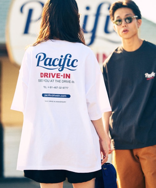 限定展開 Pacific DRIVE-IN×FREAK'S STORE/パシフィックドライブイン 別注 ビッグシルエット バックプリント クルーネックTシャツ