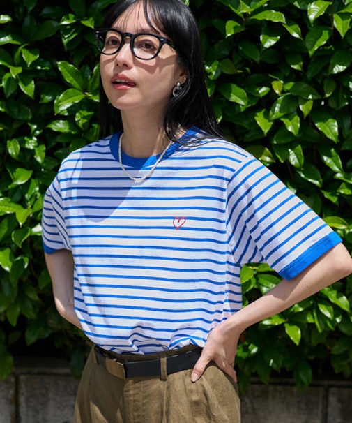 ワンポイントハート刺繍 ボーダーリンガーTシャツ