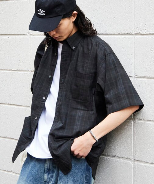 【継続品番の為アウトレット消化】インド製 リラックスフィット ダークマドラスチェック ボタンダウンシャツ ショートスリーブ