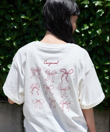リボン バックプリントTシャツ/刺繍Tシャツ