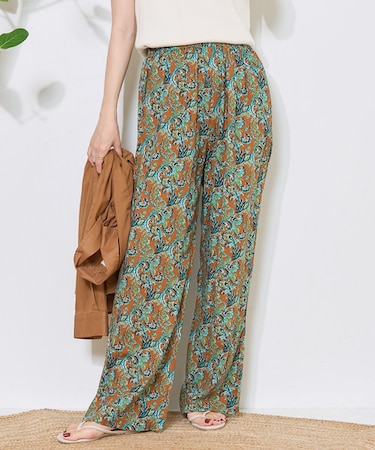 プリント イージーパンツ/リネンレーヨンイージーパンツ/総柄パンツ