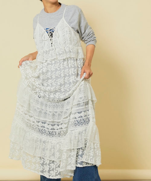 パッチワーク 三段 レース ティアード キャミワンピース