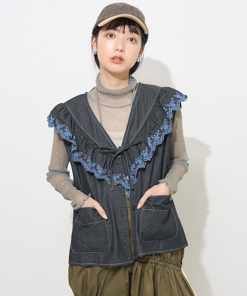 デニムフリルカラー刺繍ベスト｜フリークスストアの通販｜&mall