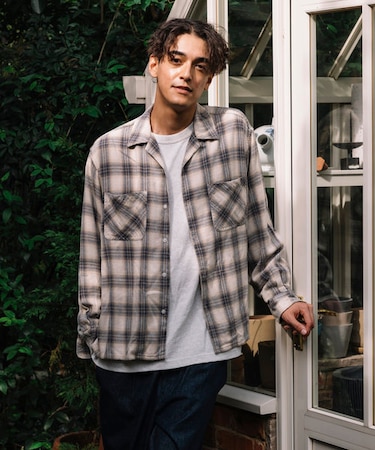 ブリーチ加工 オープンカラー チェック シャツ ロングスリーブ/リラックスフィット/オンブレチェック/タータンチェック