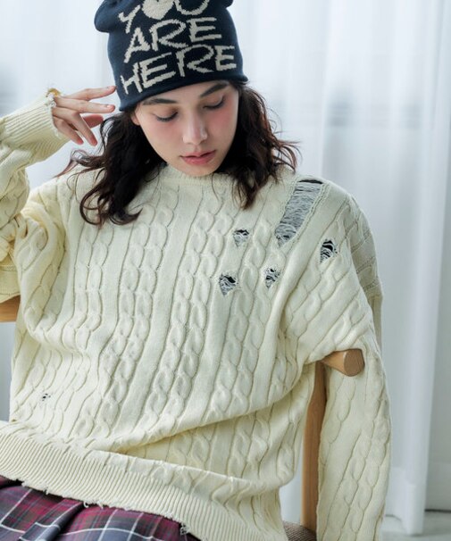 ケーブルダメージニットプルオーバー