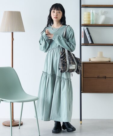 裾フリルピグメント ロングスリーブワンピース/ドッキングワンピース