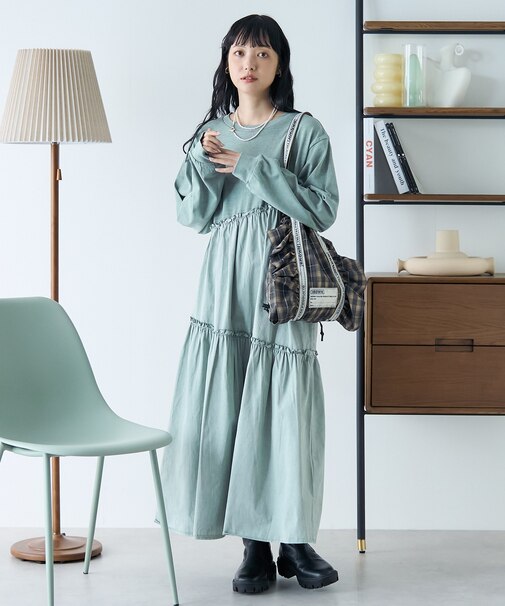 裾フリルピグメント ロングスリーブワンピース/ドッキングワンピース