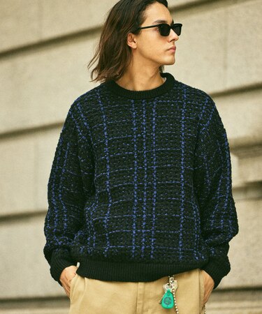 限定展開 リラックスフィット ツイードライク チェック ニット