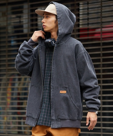 限定展開 ビッグシルエット ヴィンテージ加工 フーディーブルゾン/デニム/ダック