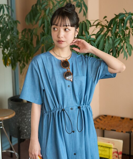 羽織 5分袖ワンピース デニムライク/ノーカラー シャツワンピース