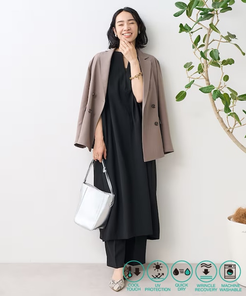 接触冷感/UV リネンタッチ スキッパーワンピース/ リネンタッチ Vネックワンピース