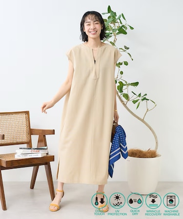 接触冷感/UV リネンタッチ スキッパーワンピース/ リネンタッチ Vネックワンピース