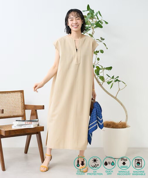 接触冷感/UV リネンタッチ スキッパーワンピース/ リネンタッチ Vネックワンピース