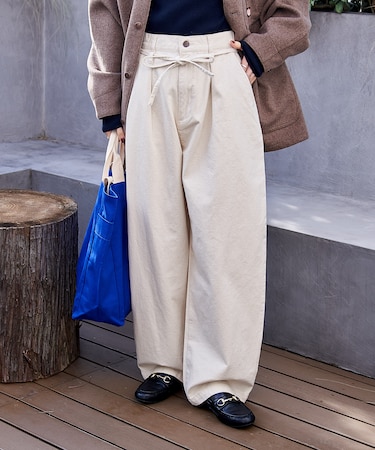 ＜新色追加＞別注 紐付きイージータックパンツ/タックデニム