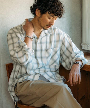 ブリーチ加工 オープンカラー オンブレチェックシャツ