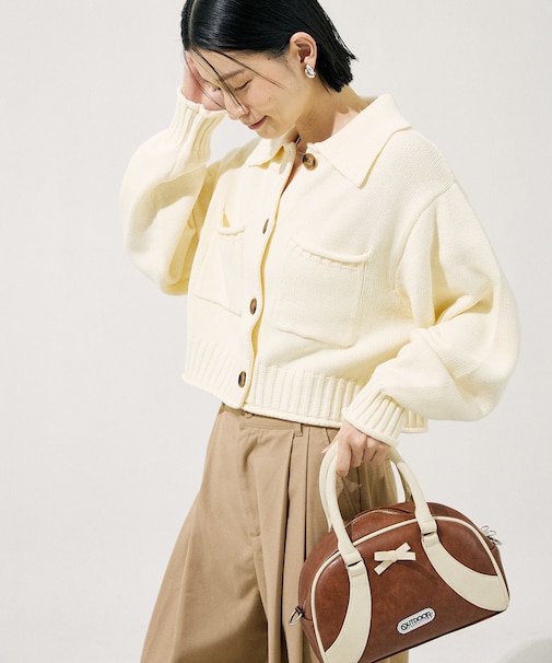 襟付き ポケット付き ショートニットカーディガン