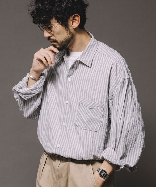 別注 レギュラーカラー ロングスリーブストライプシャツ シワ加工