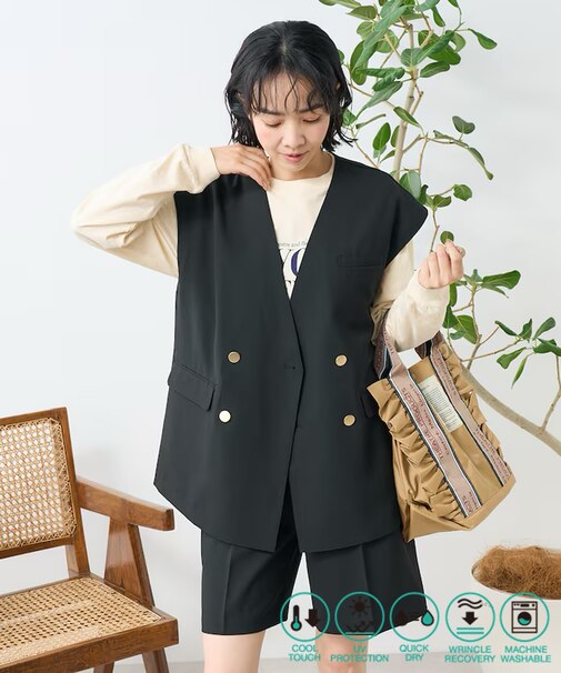 接触冷感/UV リネンタッチ ダブルベスト＜セットアップ対応＞