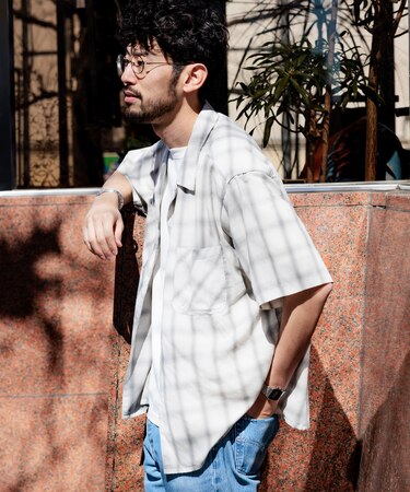 ブリーチ加工 オープンカラー オンブレチェックシャツ ショートスリーブ