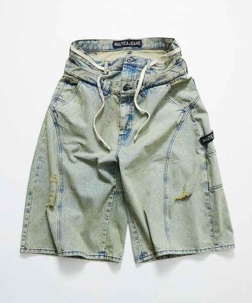 Double Waist Distressed Baggy Curve Cropped Denim Pants