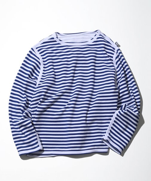 Boat Neck Horizontal  Stripe french terry Long Sleeve Tee