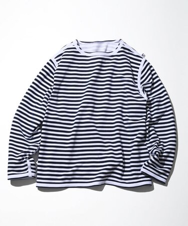 Boat Neck Horizontal  Stripe french terry Long Sleeve Tee