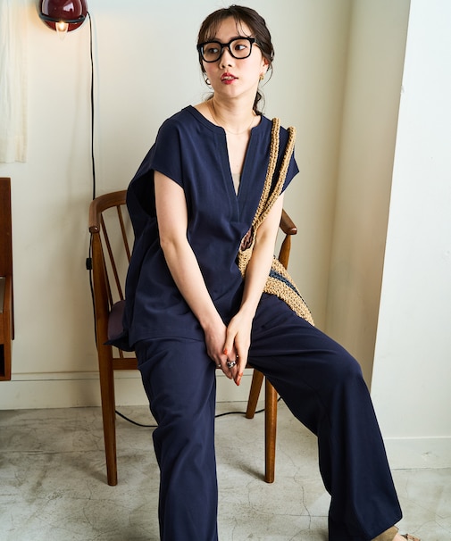 Vネックフレンチスリーブパンツセットアップ(カットソー・イージーパンツ)【限定展開】