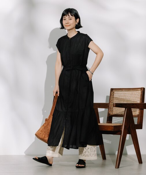 インド 前開きウエスト紐 フレンチスリーブワンピース