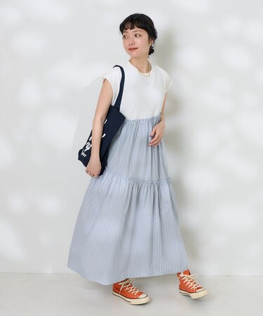 裾ストライプ フリルワンピース