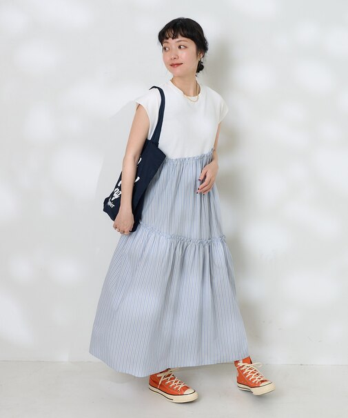 裾ストライプ フリルワンピース