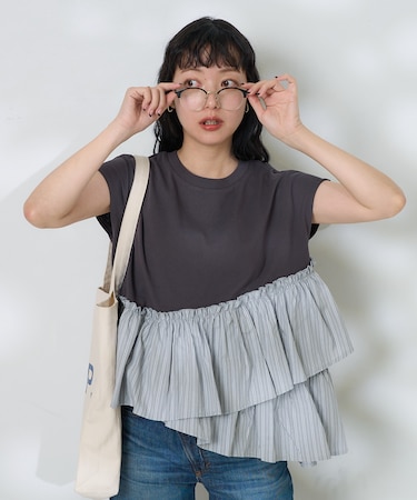 裾フリル ストライプTシャツ