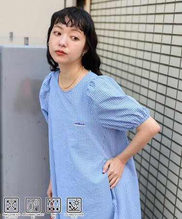 別注 シアサッカー ストライプ パフスリーブワンピース