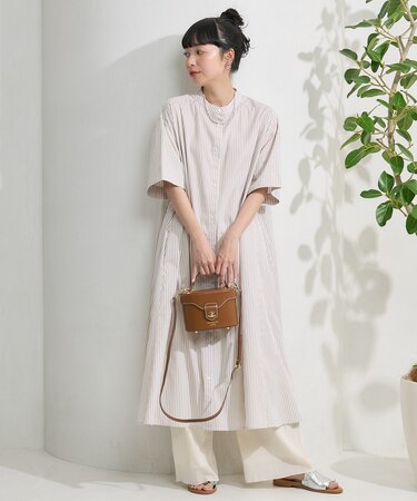 マオカラー ショートスリーブフレアワンピース