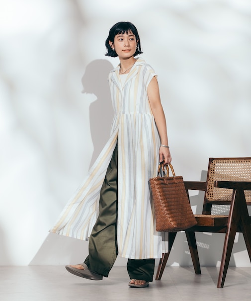 インド マルチストライプ ノースリーブVネック シャツワンピース