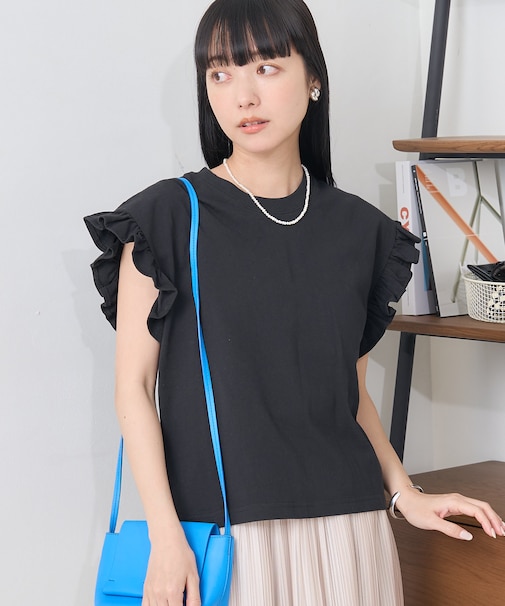 袖フリル ノースリーブTシャツ