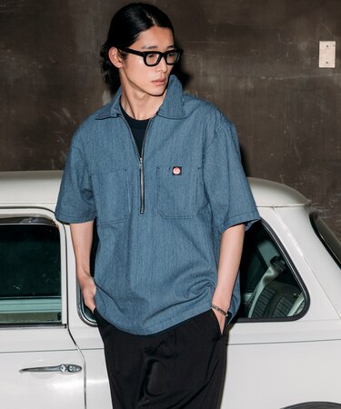 別注 リラックスフィット ハーフジップ ワンポイントロゴ 半袖ワークシャツ ストライプ チェック