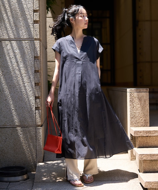 インド　ボイル スキッパーフレアワンピース＜ペチワンピース付き＞