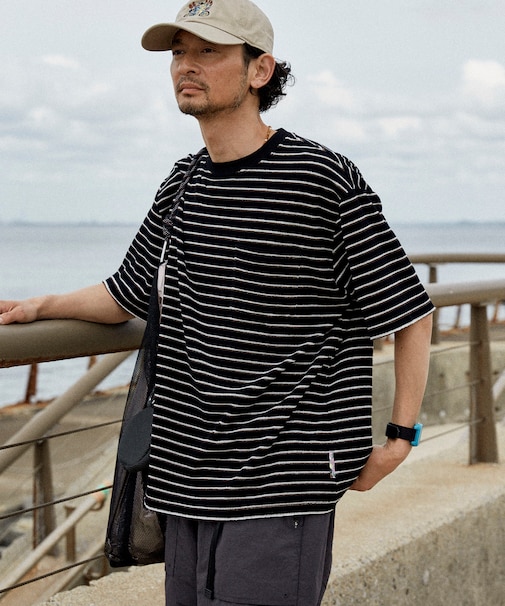 【Beach & Festival】マルチボーダー パイル クルーネック ポケットTシャツ ショートスリーブ