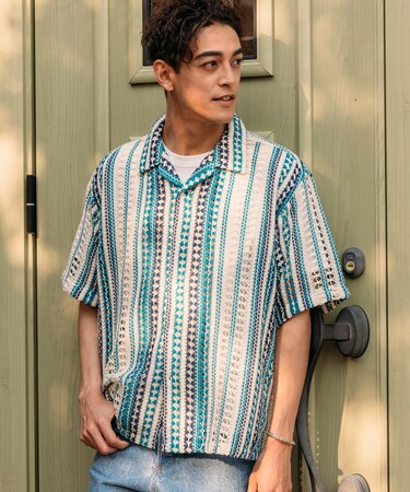 インド製 リラックスフィット 総柄レース マルチストライプ オープンカラーシャツ ショートスリーブ