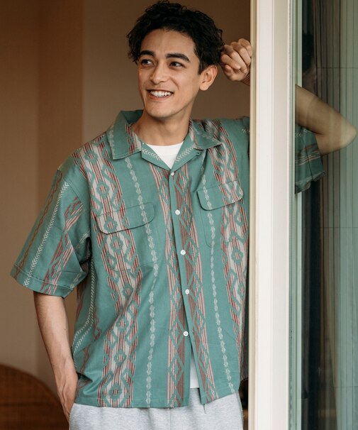 インド製 リラックスフィット イカット柄 ジャカード オープンカラーシャツ ショートスリーブ