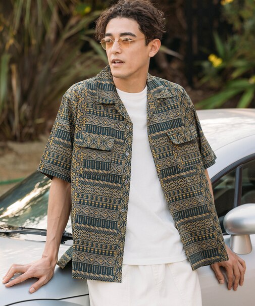 インド製 リラックスフィット バティック柄プリント オープンカラーシャツ ショートスリーブ アフリカン柄