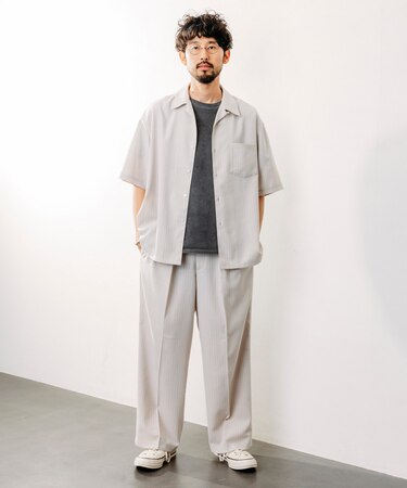 Reflax 機能性素材 リラックスフィット ストライプ オープンカラーシャツ ショートスリーブ 【セットアップ対応】