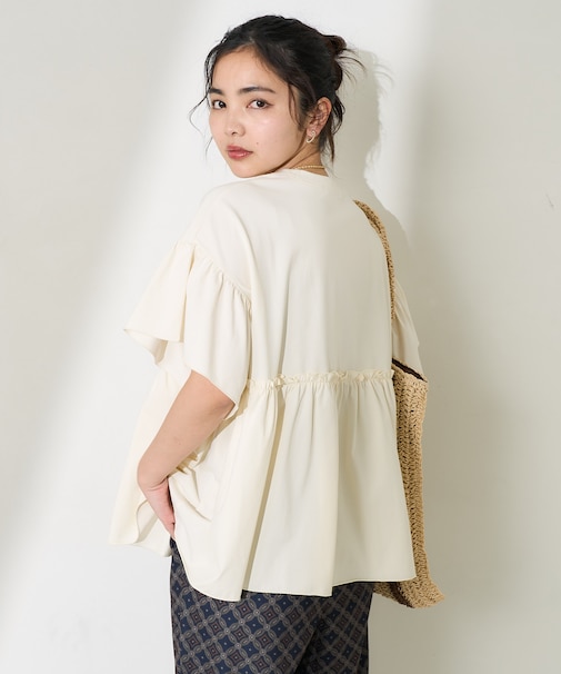 <UVカット＞multi functional 袖フリルショートスリーブTシャツ/機能性素材 切替Tシャツ