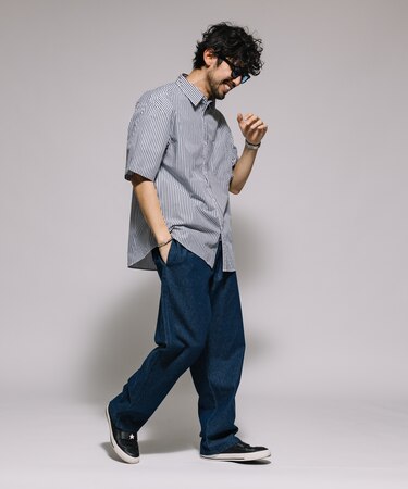 タイプライター レギュラーカラー ショートスリーブ ストライプシャツ