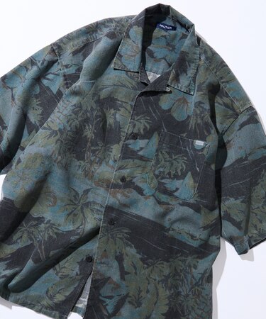 ワイドシルエット フェード加工 アロハプリント オープンカラーシャツ ショートスリーブ